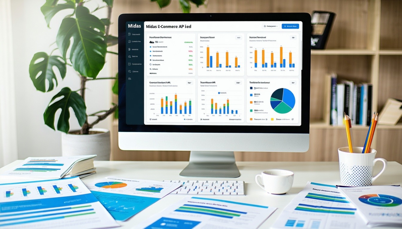 The image features a sleek computer screen displaying a vibrant dashboard interface of the Midas E-Commerce API Feed. The screen showcases various gra
